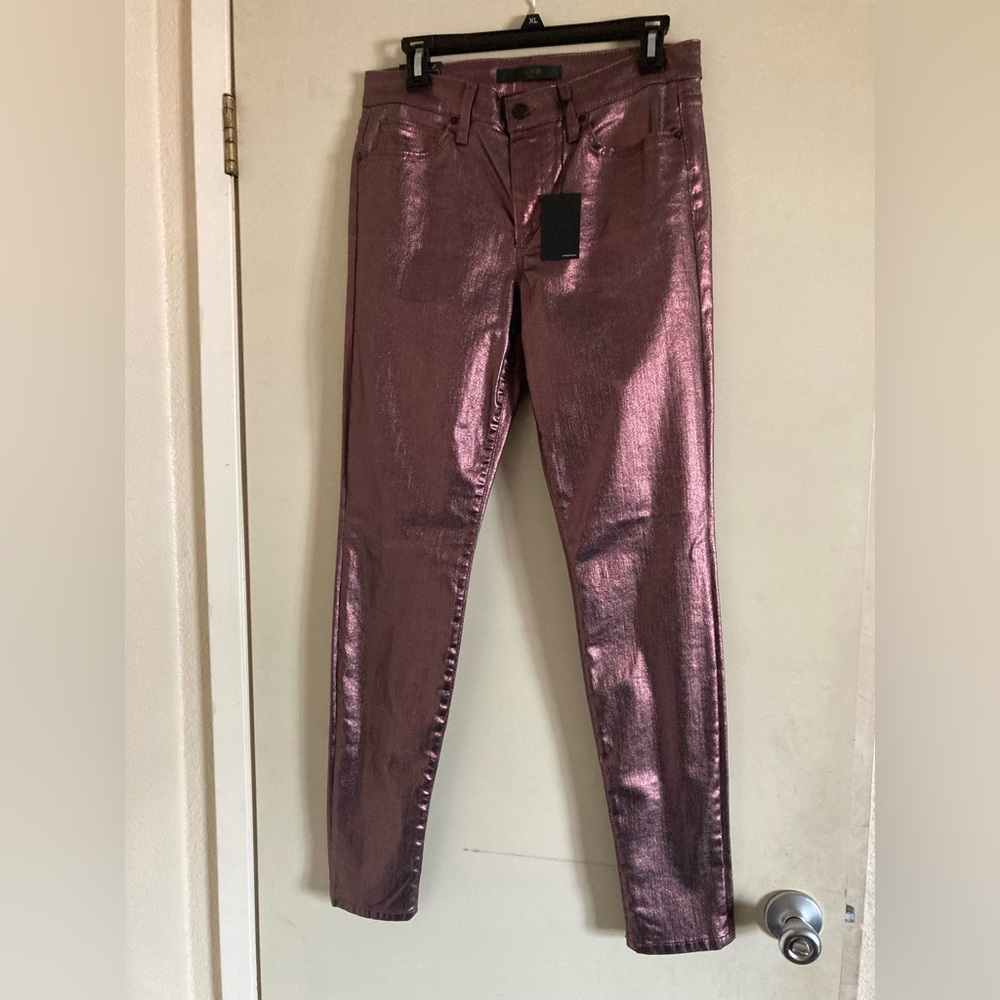 Joe's Jeans Mid Rise Skinny Stretch Rasberry Leather Coated Metallic Skinny Jean - Picture 4 of 16